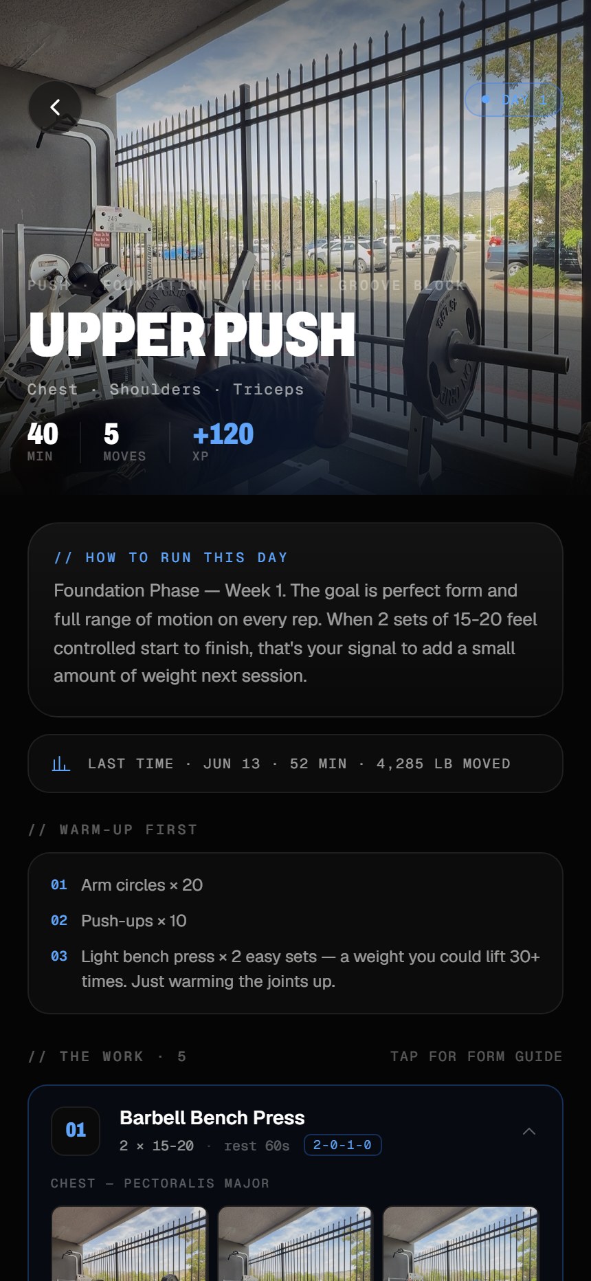 Break the Norm system workout screen — guided sessions with form photos