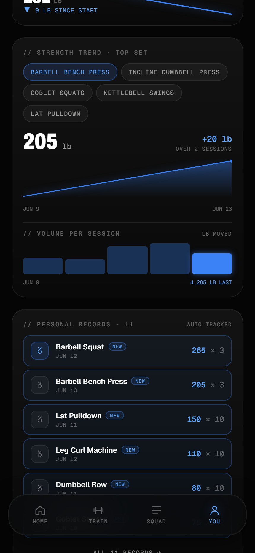 Break the Norm system progress screen — PRs, strength and bodyweight trends