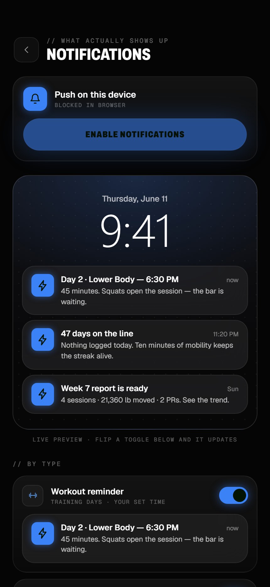 Break the Norm system reminders screen — push notifications that keep you on track